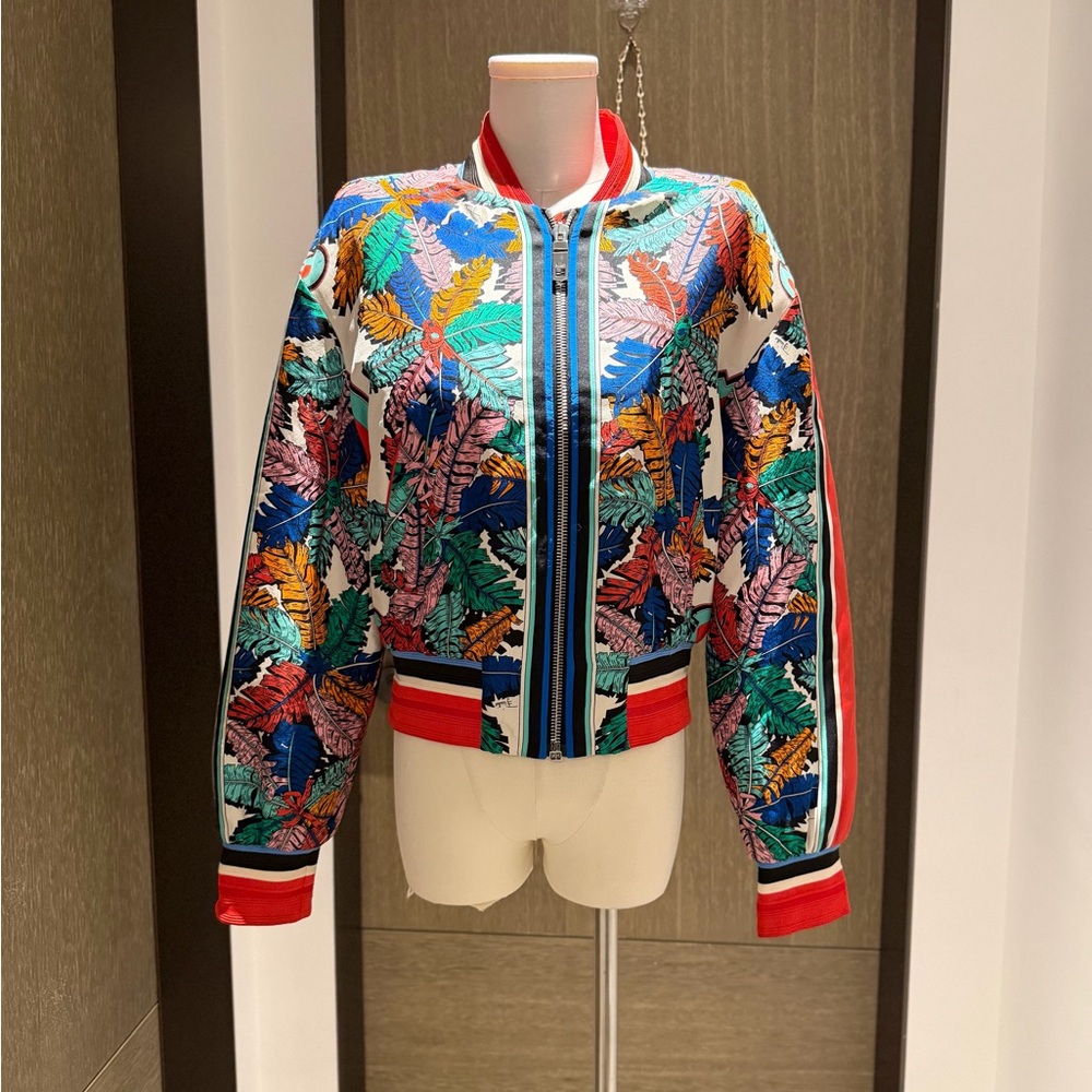 Emilio Pucci Multicolor Tropical Leaf Bomber Jacket with Red Trim